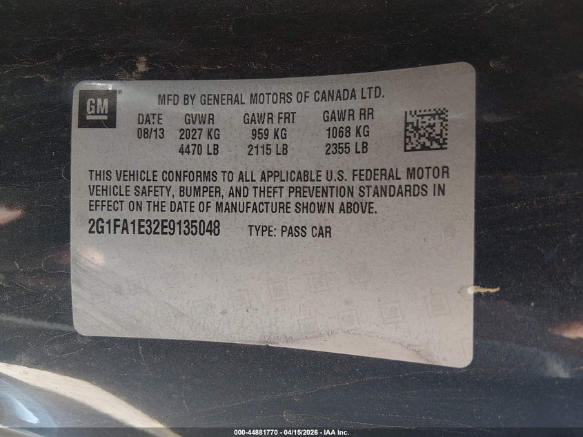 2014 Chevrolet Camaro 2Ls VIN: 2G1FA1E32E9135048 Lot: 44881770