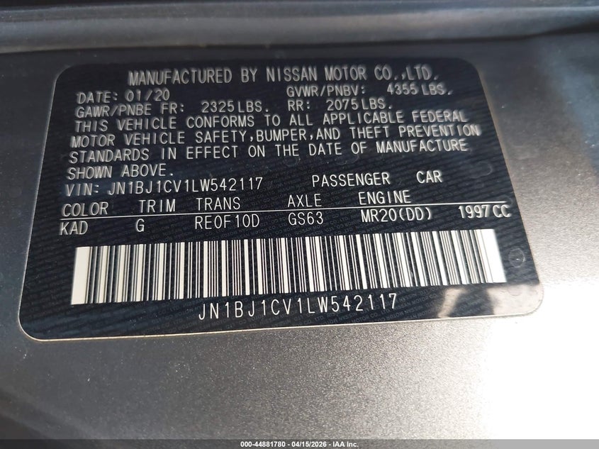 2020 Nissan Rogue Sport S Fwd Xtronic Cvt VIN: JN1BJ1CV1LW542117 Lot: 44881780