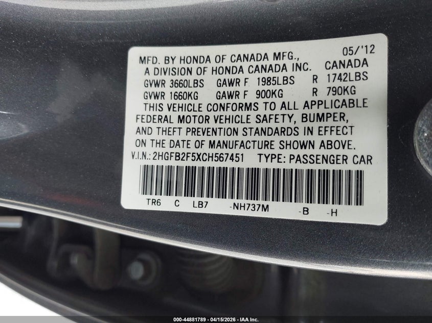 2012 Honda Civic Lx VIN: 2HGFB2F5XCH567451 Lot: 44881789