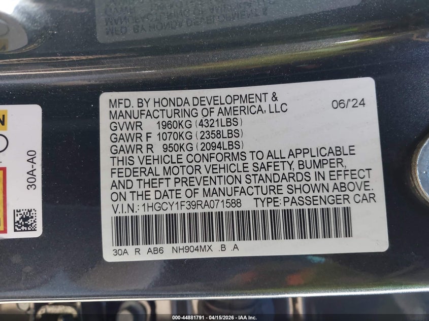 2024 Honda Accord Ex VIN: 1HGCY1F39RA071588 Lot: 44881791