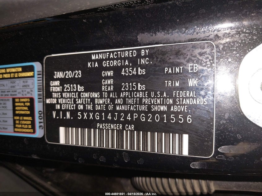 2023 Kia K5 Lxs VIN: 5XXG14J24PG201556 Lot: 44881851