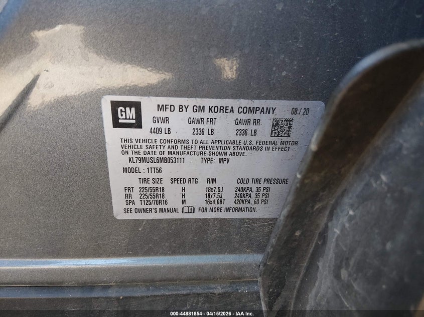 2021 Chevrolet Trailblazer Awd Rs VIN: KL79MUSL6MB053111 Lot: 44881854