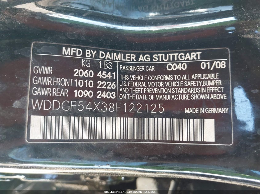 2008 Mercedes-Benz C 300 Luxury/Sport VIN: WDDGF54X38F122125 Lot: 44881857