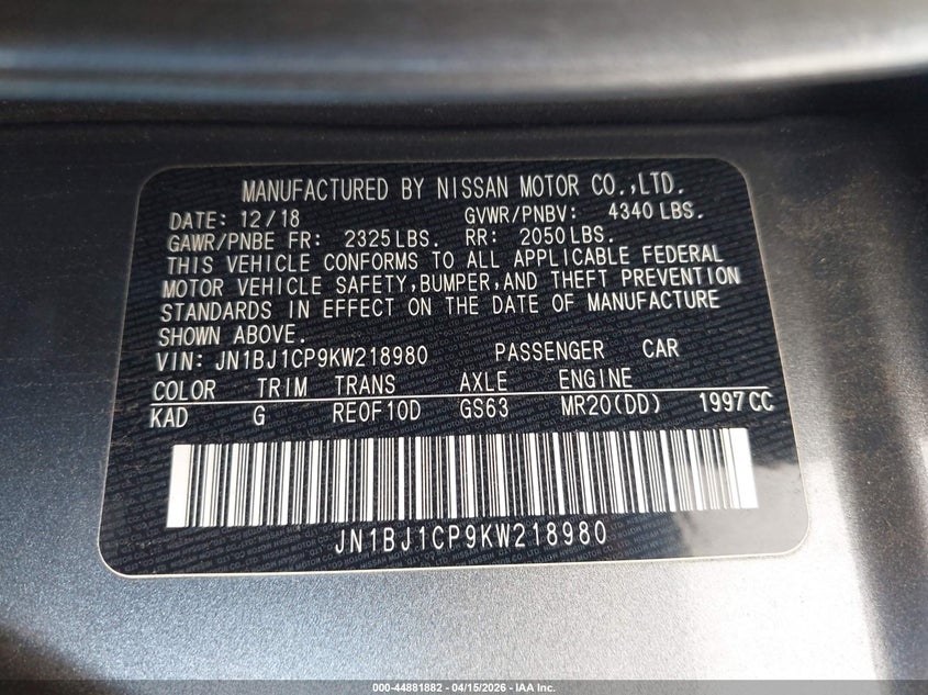 2019 Nissan Rogue Sport Sv VIN: JN1BJ1CP9KW218980 Lot: 44881882