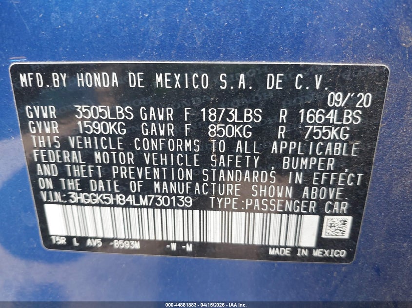 2020 Honda Fit Ex VIN: 3HGGK5H84LM730139 Lot: 44881883