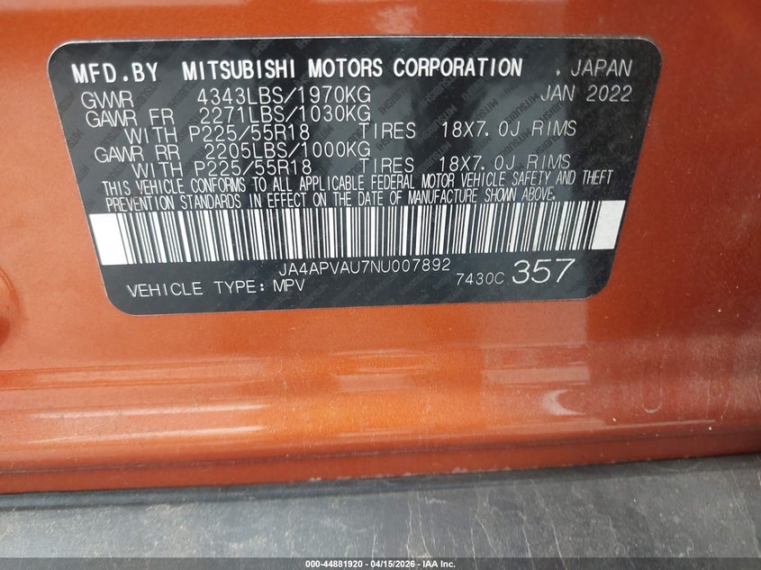 2022 Mitsubishi Outlander Sport 2.0 Se 2Wd/2.0 Se Special Edition 2Wd VIN: JA4APVAU7NU007892 Lot: 44881920