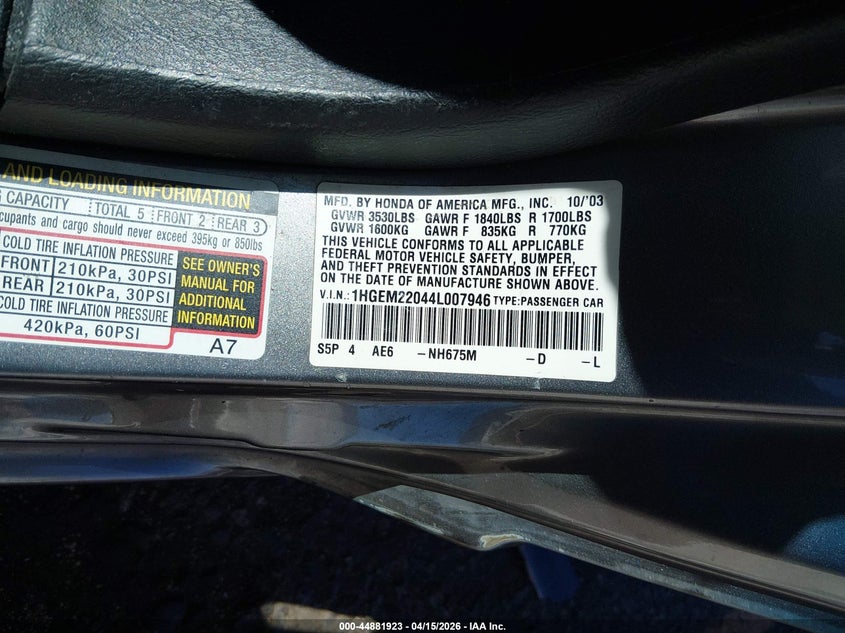 2004 Honda Civic Ex VIN: 1HGEM22044L007946 Lot: 44881923