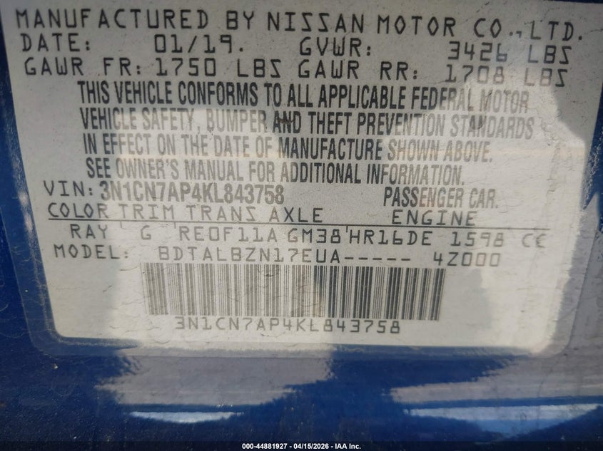 2019 Nissan Versa 1.6 Sv VIN: 3N1CN7AP4KL843758 Lot: 44881927