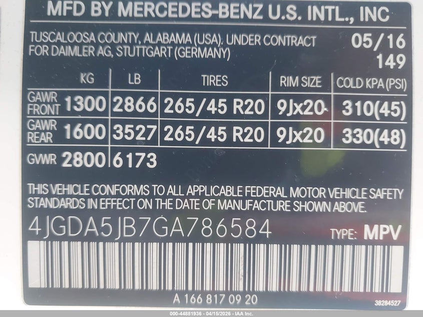 2016 Mercedes-Benz Gle 350 VIN: 4JGDA5JB7GA786584 Lot: 44881936