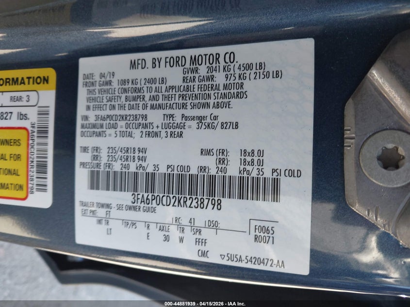 2019 Ford Fusion Sel VIN: 3FA6P0CD2KR238798 Lot: 44881939