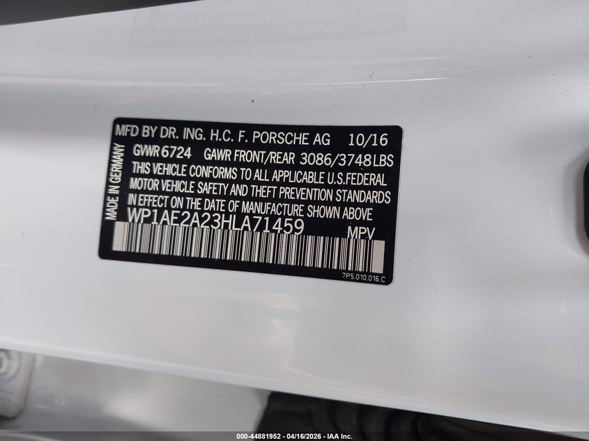2017 Porsche Cayenne 3.0 E-Hybrid S/S Platinum Edition white Lot 111044881952 Vin WP1AE2A23HLA71459