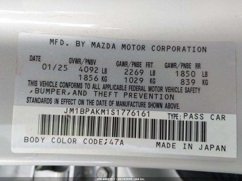 2025 Mazda Mazda3 2.5 S Select Sport VIN: JM1BPAKM1S1776161 Lot: 44881977