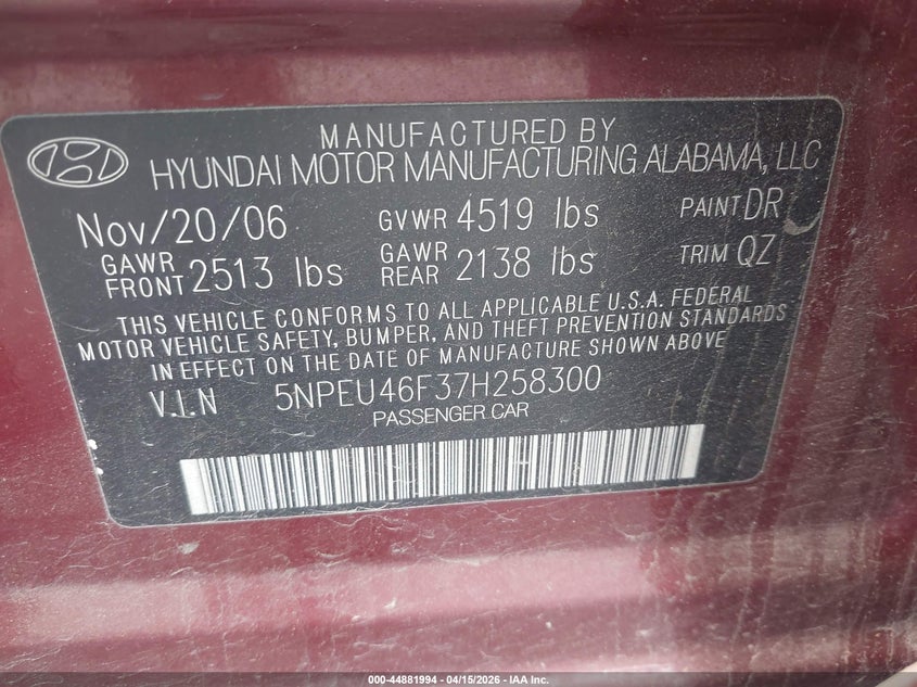 2007 Hyundai Sonata Limited/Se V6 VIN: 5NPEU46F37H258300 Lot: 44881994