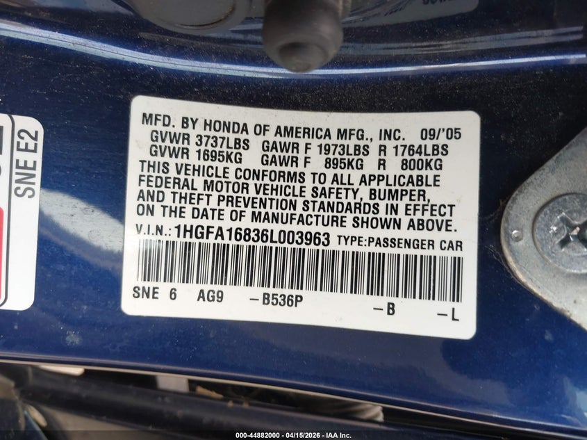 2006 Honda Civic Ex VIN: 1HGFA16836L003963 Lot: 44882000
