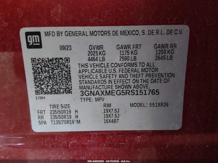 2024 Chevrolet Equinox Fwd Rs VIN: 3GNAXMEG5RS151765 Lot: 44882005