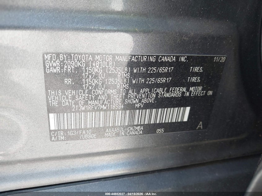 2021 Toyota Rav4 Xle VIN: 2T3W1RFV7MW118594 Lot: 44882027