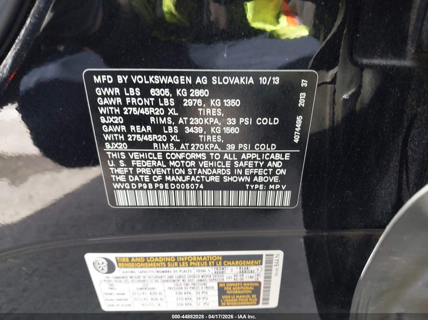 2014 Volkswagen Touareg Tdi R-Line VIN: WVGDP9BP9ED005074 Lot: 44882028