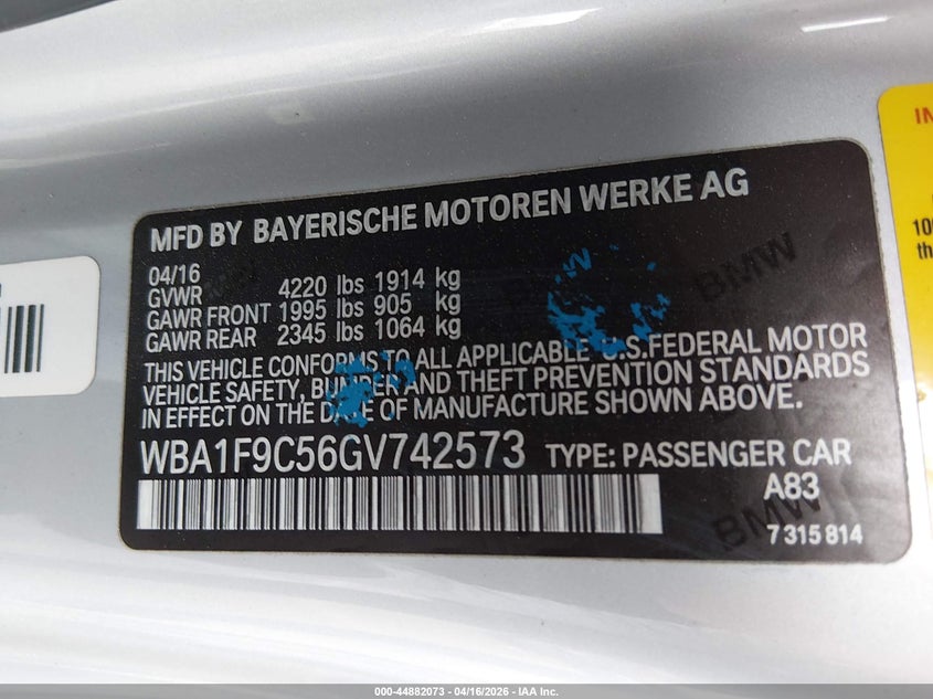 2016 BMW 228I VIN: WBA1F9C56GV742573 Lot: 44882073
