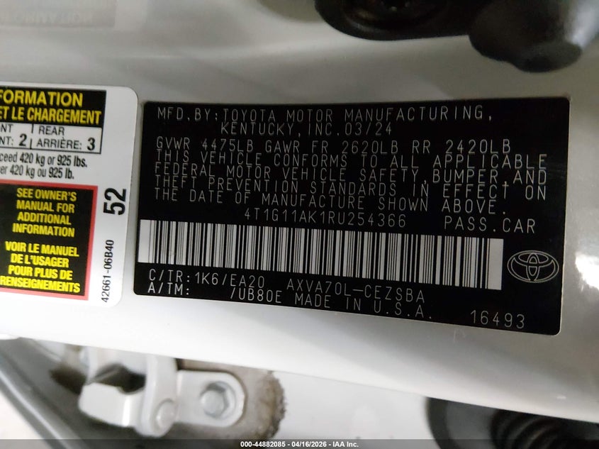 2024 Toyota Camry Se VIN: 4T1G11AK1RU254366 Lot: 44882085