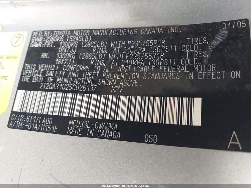 2005 Lexus Rx 330 VIN: 2T2GA31U25C026137 Lot: 44882102