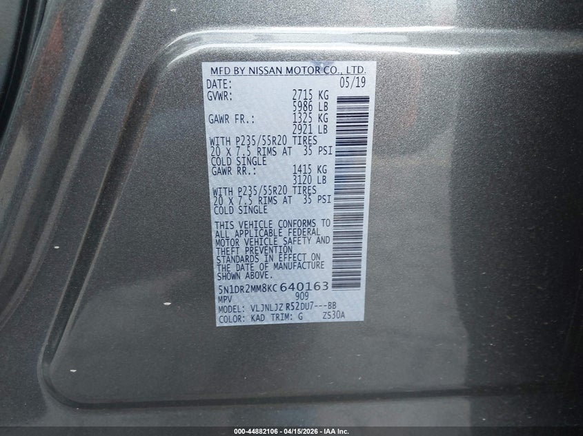 2019 Nissan Pathfinder Platinum VIN: 5N1DR2MM8KC640163 Lot: 44882106