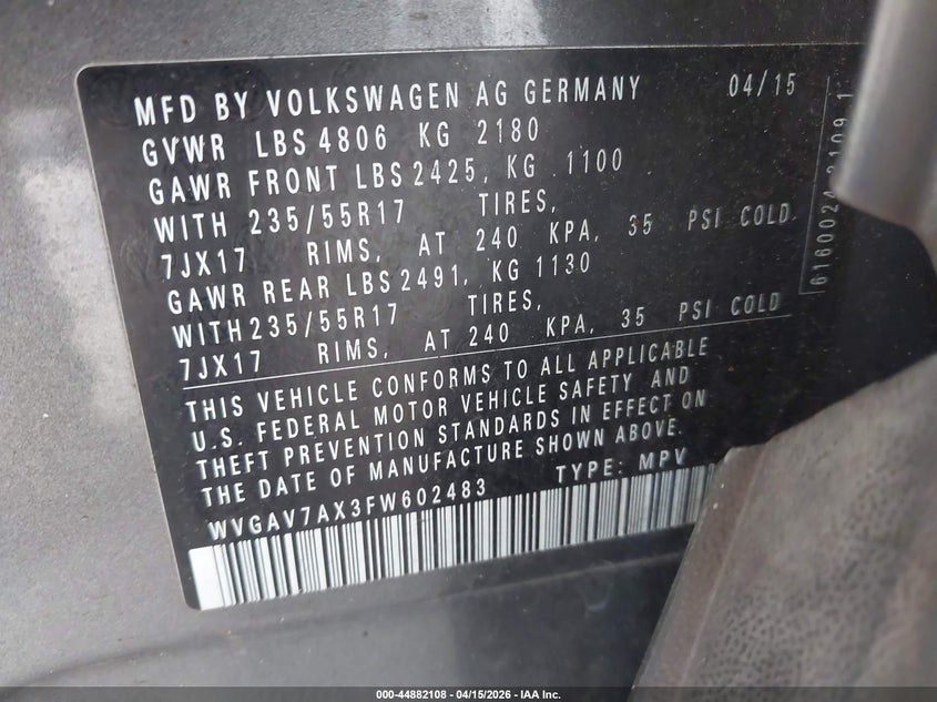 2015 Volkswagen Tiguan Se VIN: WVGAV7AX3FW602483 Lot: 44882108