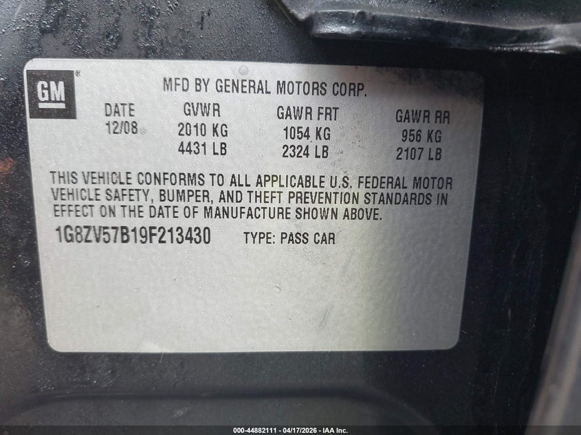 2009 Saturn Aura Xr VIN: 1G8ZV57B19F213430 Lot: 44882111