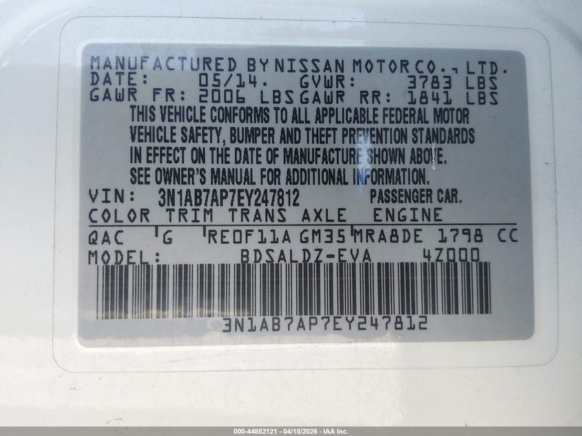 2014 Nissan Sentra Fe+ S/Fe+ Sv/S/Sl/Sr/Sv VIN: 3N1AB7AP7EY247812 Lot: 44882121