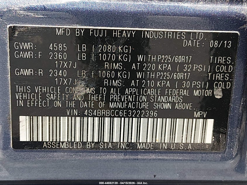 2014 Subaru Outback 2.5I Premium VIN: 4S4BRBCC6E3222396 Lot: 44882139