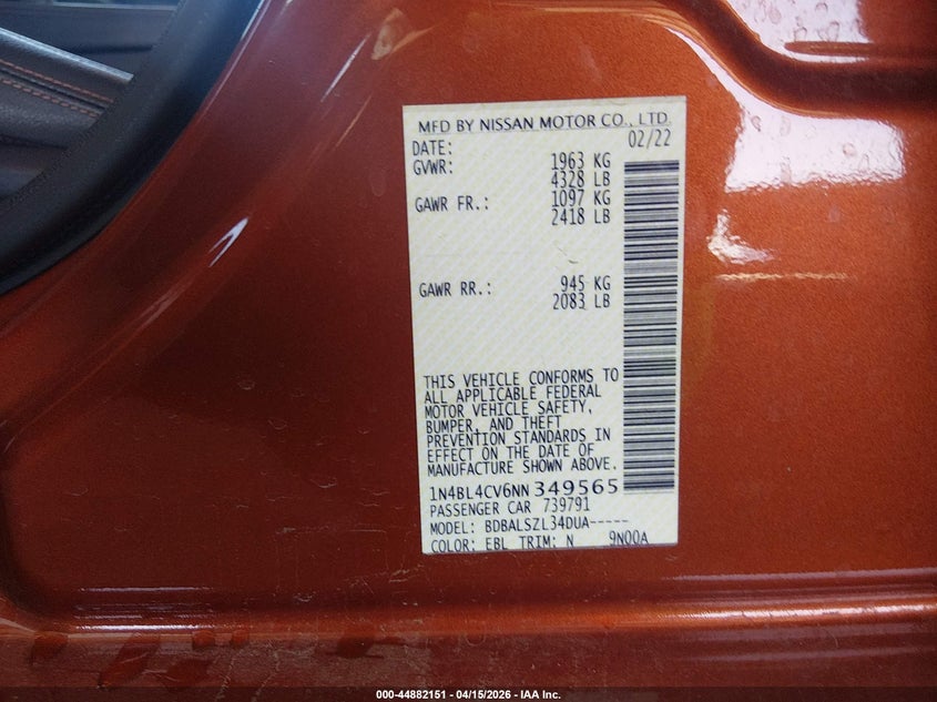 2022 Nissan Altima Sr Fwd VIN: 1N4BL4CV6NN349565 Lot: 44882151