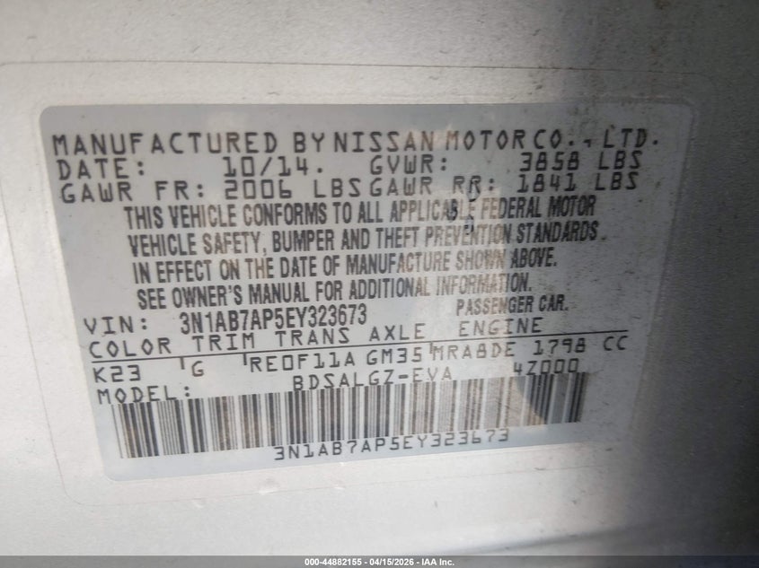 2014 Nissan Sentra Fe+ S/Fe+ Sv/S/Sl/Sr/Sv VIN: 3N1AB7AP5EY323673 Lot: 44882155