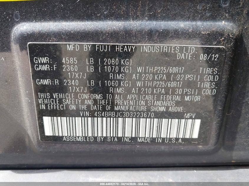 2013 Subaru Outback 2.5I Limited VIN: 4S4BRBJC3D3223670 Lot: 44882170