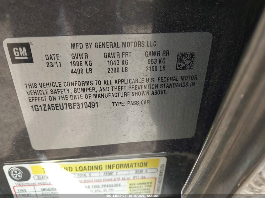 2011 Chevrolet Malibu Ls VIN: 1G1ZA5EU7BF310491 Lot: 44882178