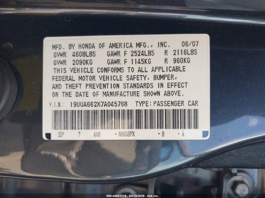 2007 Acura Tl 3.2 VIN: 19UUA662X7A045768 Lot: 44882219
