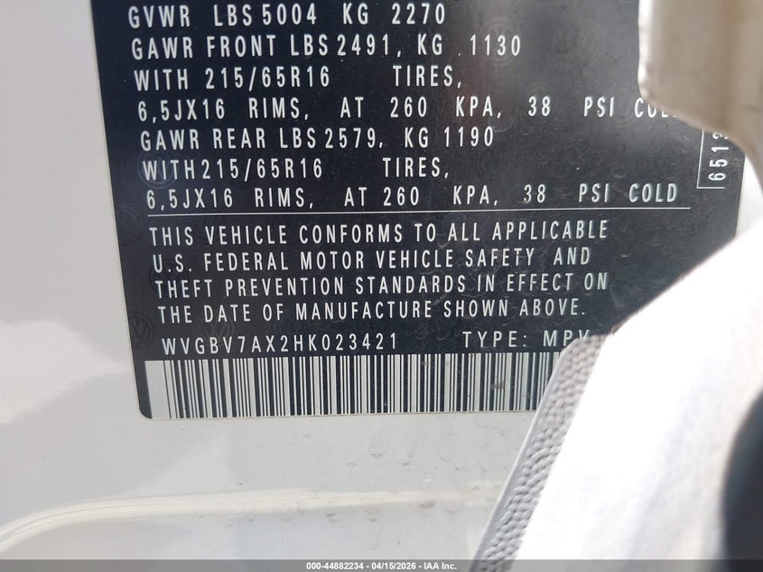 2017 Volkswagen Tiguan 2.0T/2.0T S VIN: WVGBV7AX2HK023421 Lot: 44882234