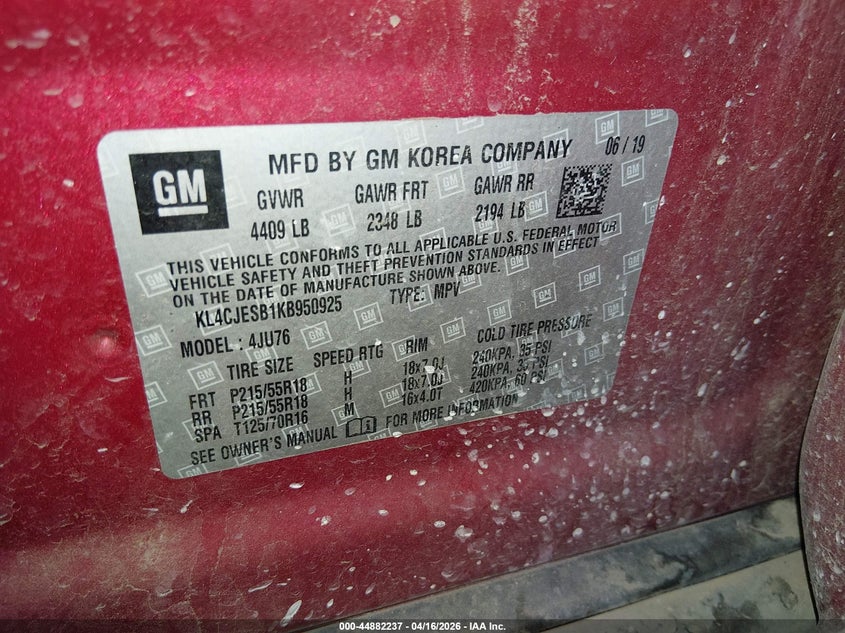 2019 Buick Encore Awd Preferred VIN: KL4CJESB1KB950925 Lot: 44882237