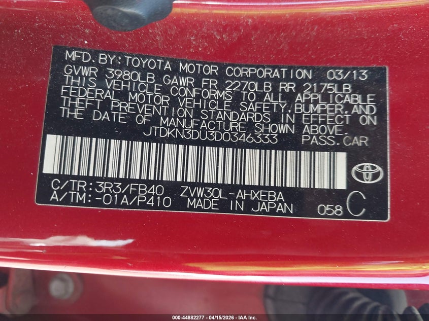 2013 Toyota Prius Two VIN: JTDKN3DU3D0346333 Lot: 44882277