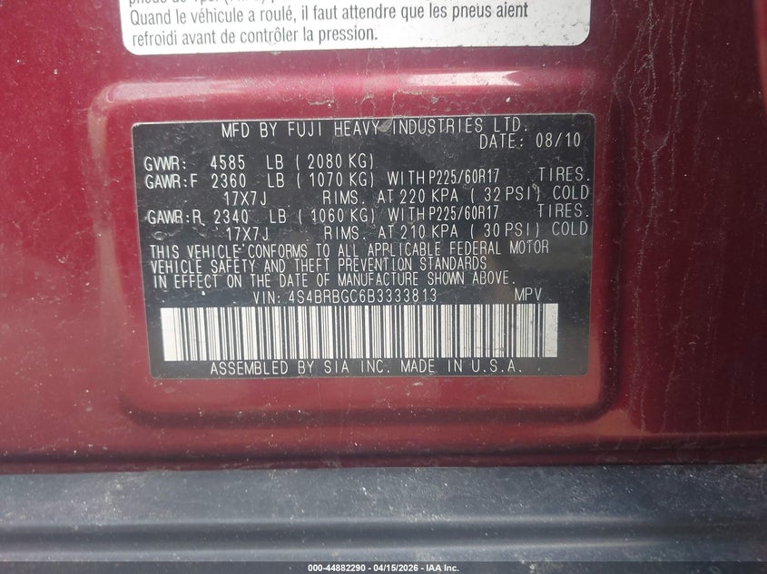 2011 Subaru Outback 2.5I Premium VIN: 4S4BRBGC6B3333813 Lot: 44882290