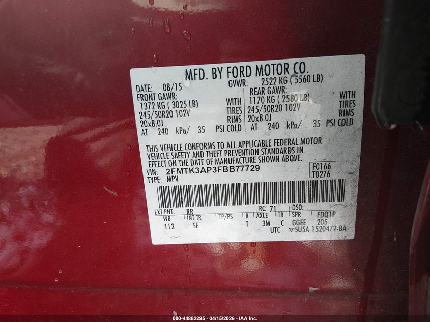 2015 Ford Edge Sport VIN: 2FMTK3AP3FBB77729 Lot: 44882295