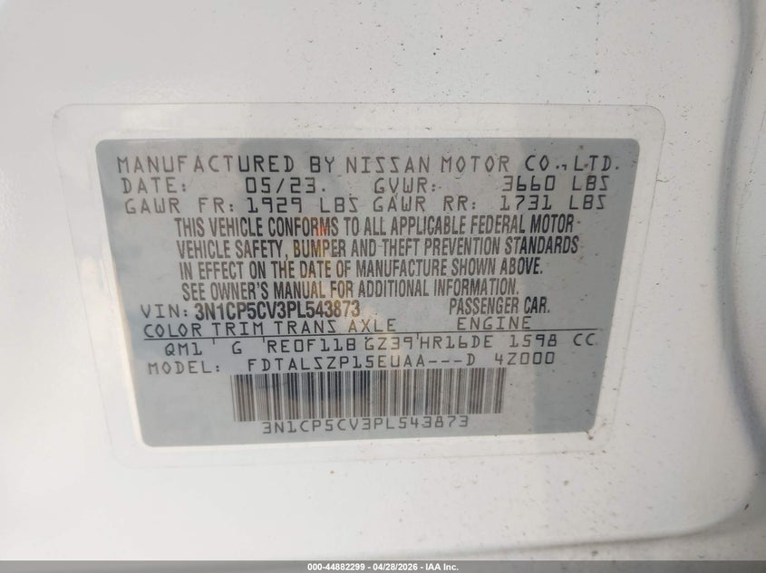 VIN 3N1CP5CV3PL543873 2023 NISSAN KICKS SV XTRONIC CVT