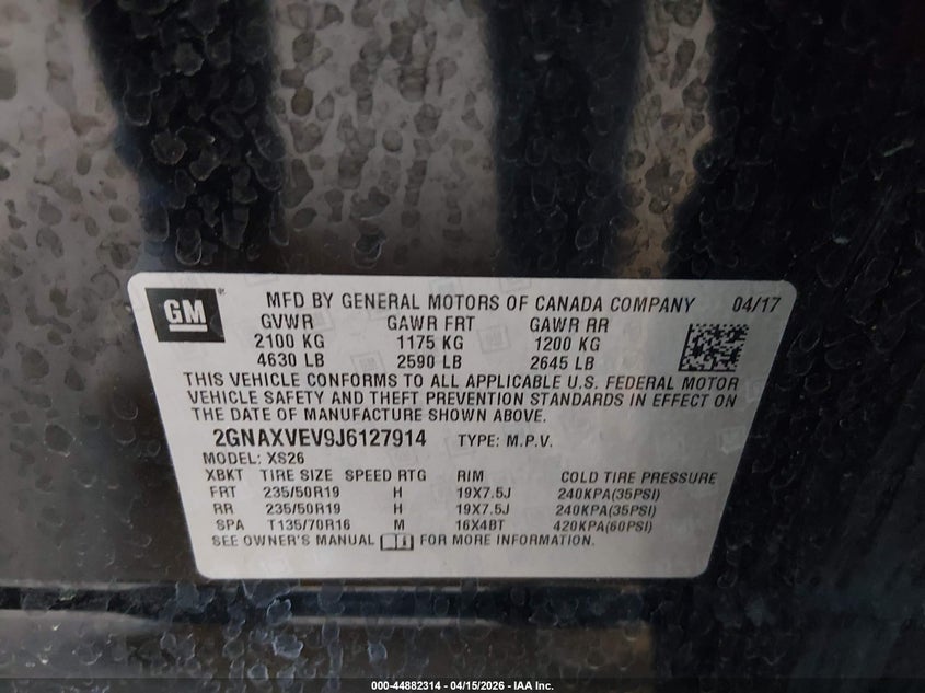 2018 Chevrolet Equinox Premier VIN: 2GNAXVEV9J6127914 Lot: 44882314