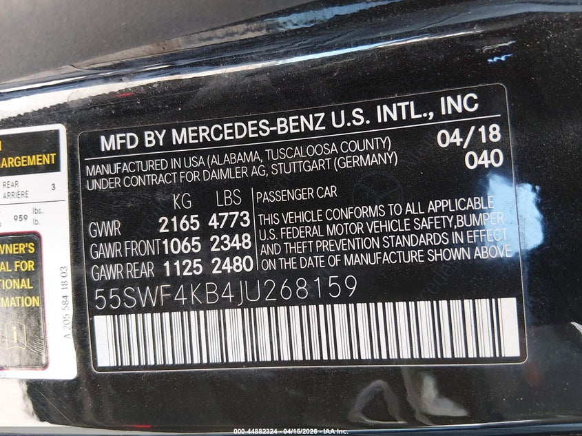 2018 Mercedes-Benz C 300 4Matic VIN: 55SWF4KB4JU268159 Lot: 44882324