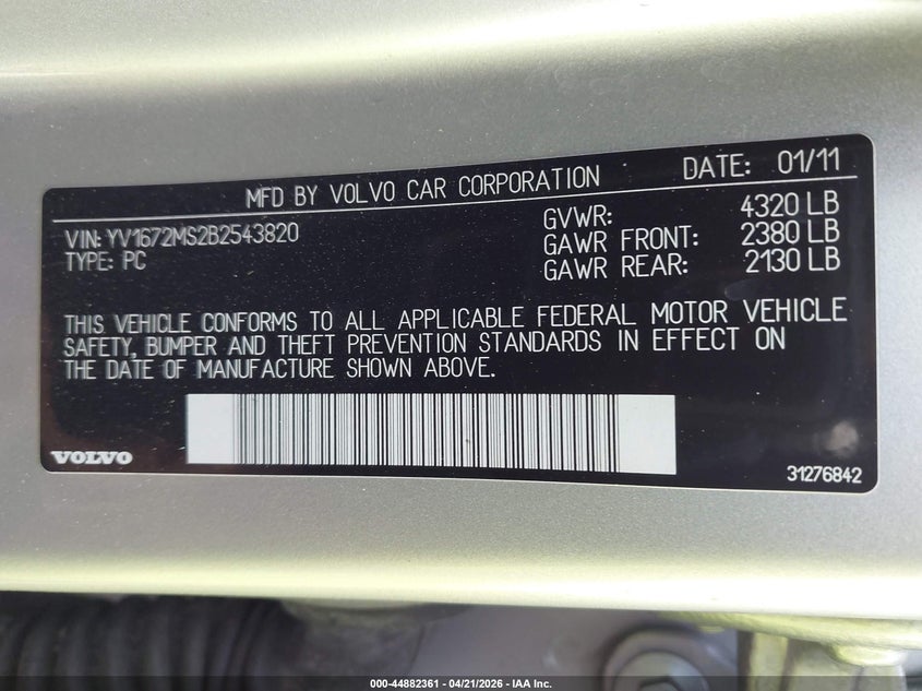 2011 Volvo S40 T5/T5 R-Design VIN: YV1672MS2B2543820 Lot: 44882361