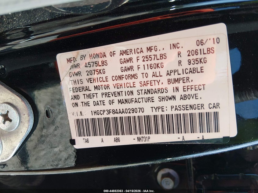 2010 Honda Accord 3.5 Ex-L VIN: 1HGCP3F84AA029070 Lot: 44882363