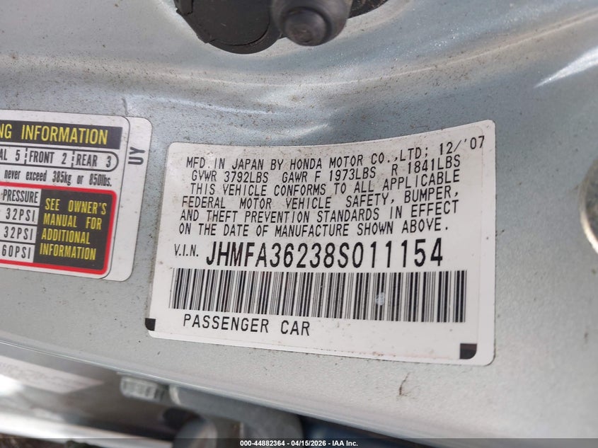 2008 Honda Civic Hybrid VIN: JHMFA36238S011154 Lot: 44882364