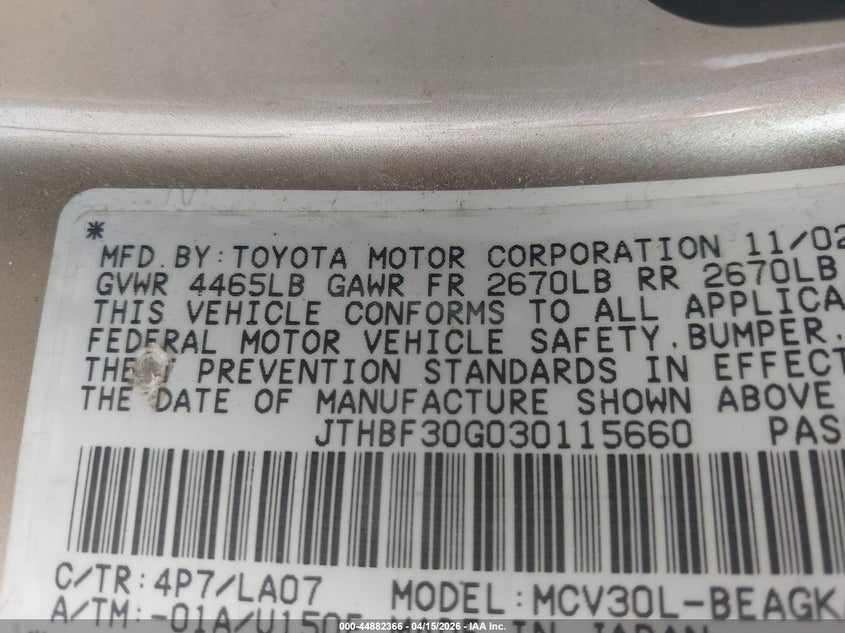 2003 Lexus Es 300 VIN: JTHBF30G030115660 Lot: 44882366