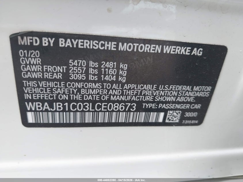 2020 BMW 530E xDrive Iperformance VIN: WBAJB1C03LCE08673 Lot: 44882398