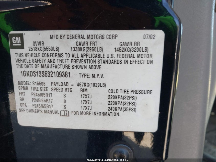 2003 GMC Envoy Slt VIN: 1GKDS13S632109381 Lot: 44882414
