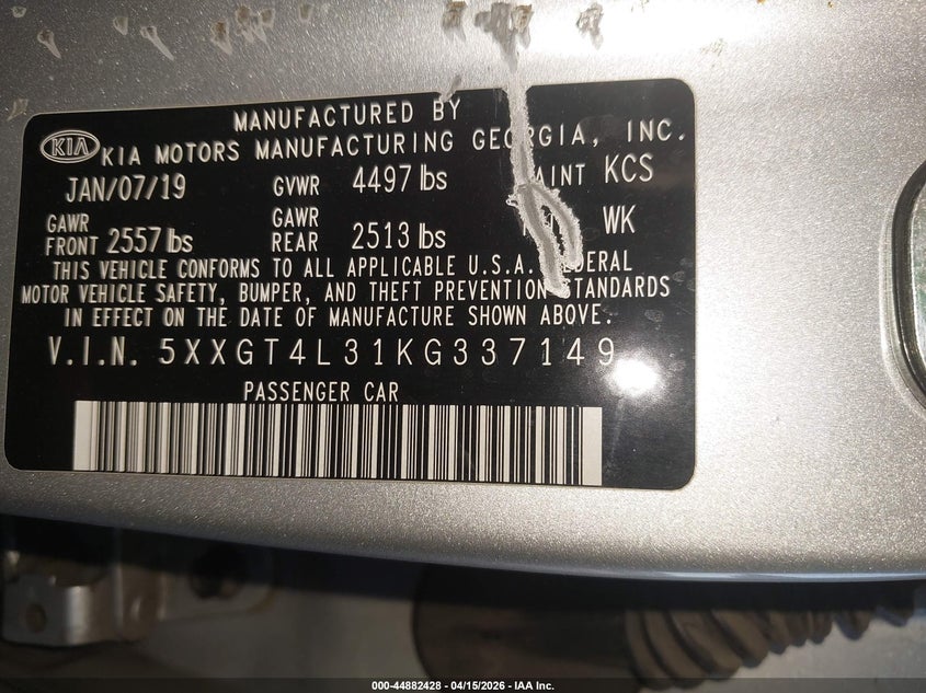 2019 Kia Optima Lx VIN: 5XXGT4L31KG337149 Lot: 44882428