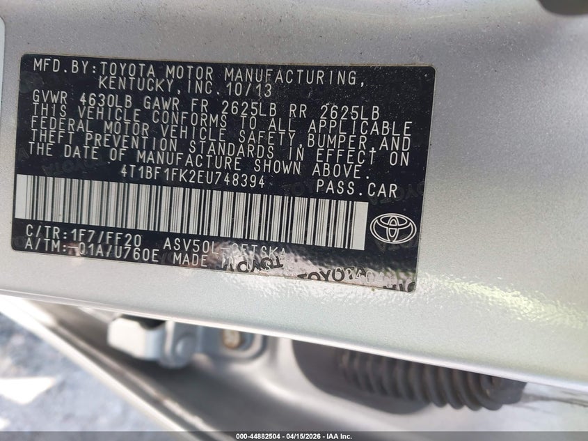 2014 Toyota Camry Se VIN: 4T1BF1FK2EU748394 Lot: 44882504